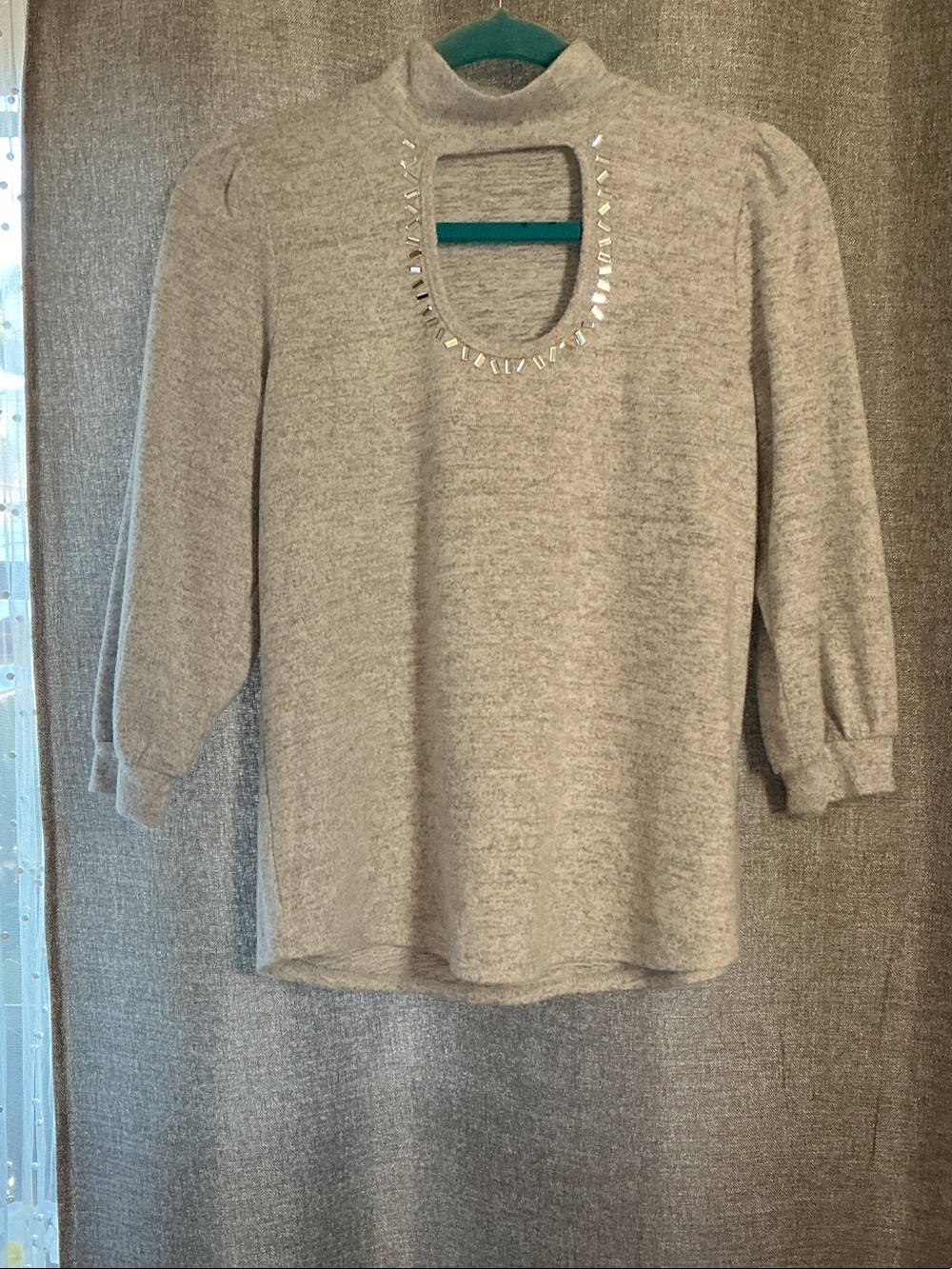 89th & Madison Light Gray Turtleneck Sweater with Embellished Keyhole
